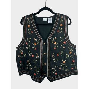 Vintage Bobbie Brooks Black Embroidered Floral Cotton Vest Womens Large 12 14